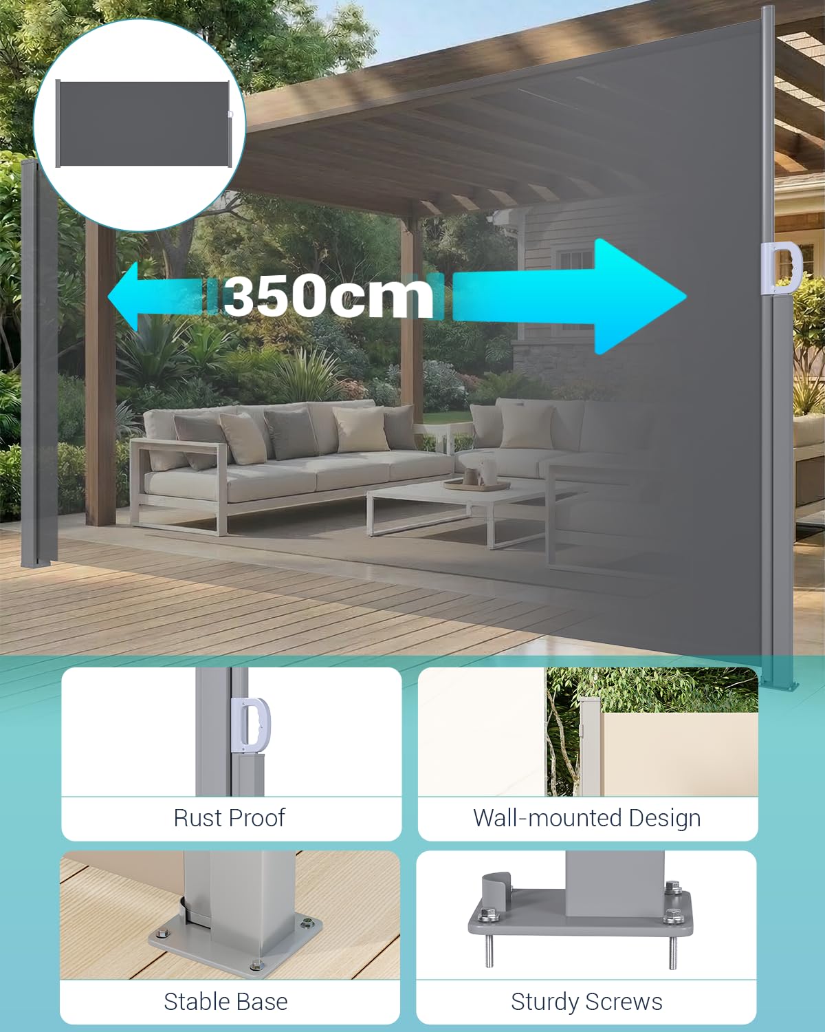 UNIONLINE Seitenmarkise Ausziehbar 350x180cm, Sichtschutz | Sonnenschutz Markise, wasserdichter Faltbarer Sichtschutz für Garten Balkon & Terrasse, Dunkelgrau