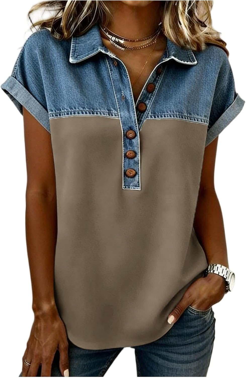 Short Sleeve Shirts for Women Button Lapel Collar Loose Fit Patchwork Pullover Tops Vintage Casual Fashion Blouses