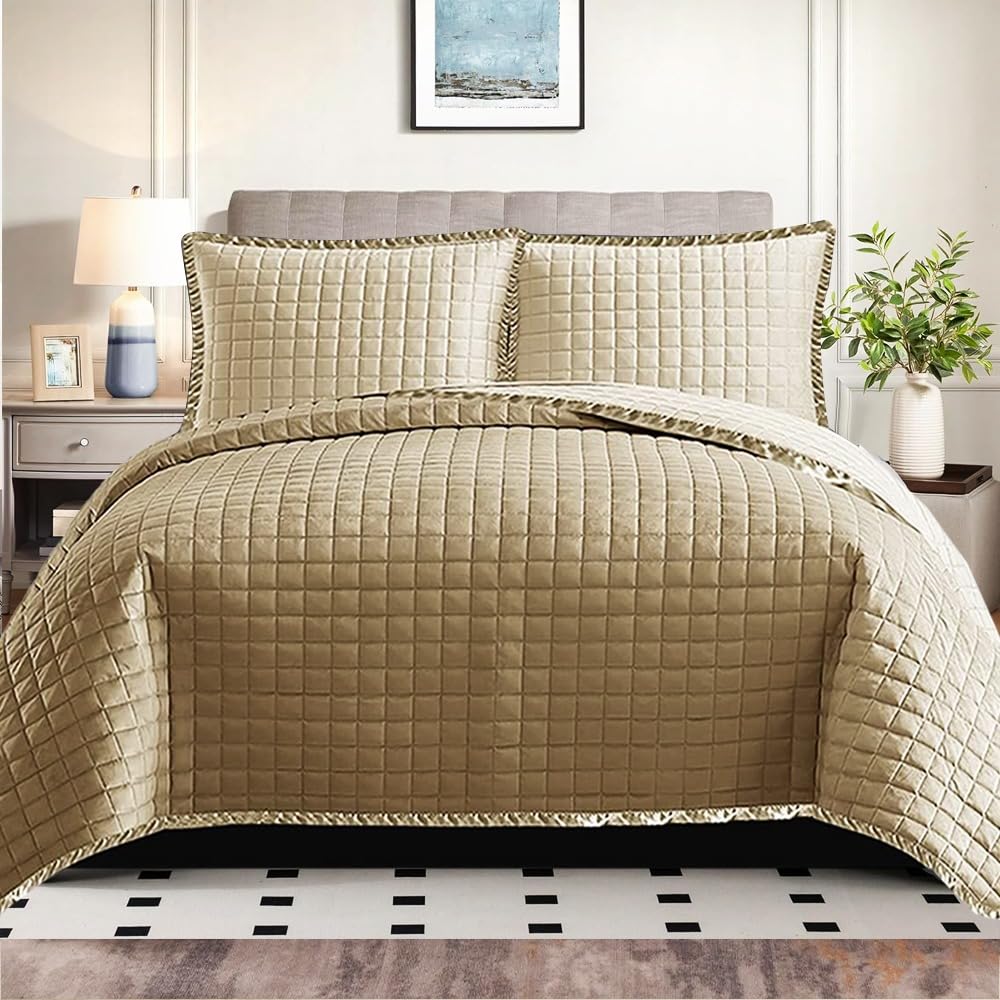 Rugs Inn Osaka Quilt Bedspread Throw - Luxury Quilted Embossed Pattern Reversible Bed Cover Bedding Set 3Pcs Bed Throws with 2 Pillow Case (Osaka Beige, Super King)