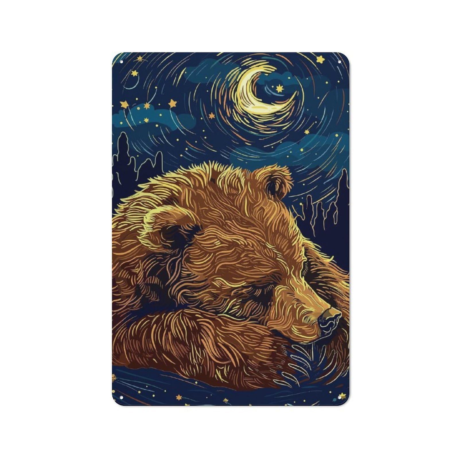 Junmoney Sleeping Bear Under Starry Night Printed Metal Sign 30X20cm For Café Or Restaurant, For Hospitality Interior Collectors