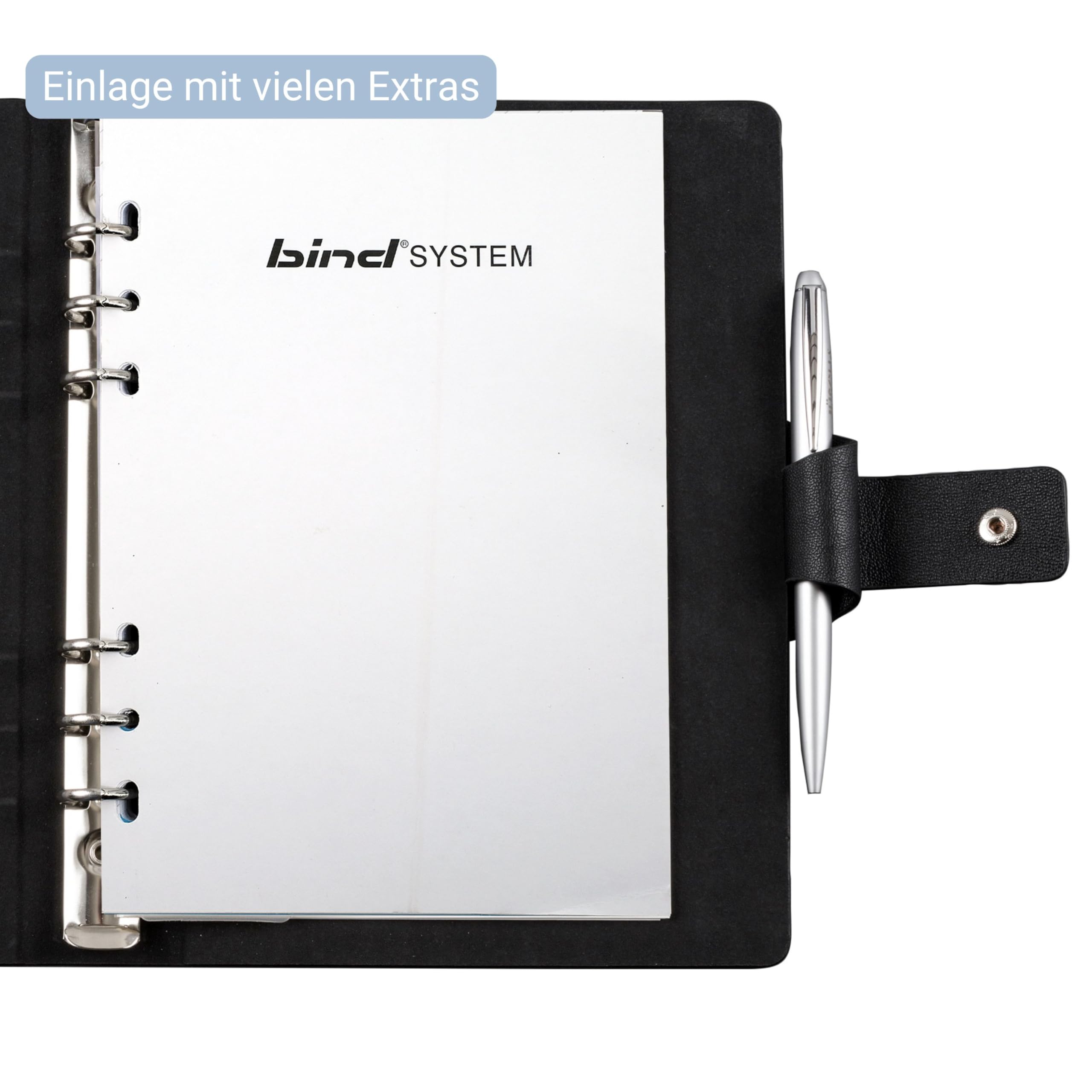 bind 15801 - Terminplaner mit Ringmechanik DIN A5, Organizer aus Lederimitat, Systemplaner in schwarz, Kalender mit 4 Visitenkartenfächern, Stiftschlaufe, Terminkalender mit System 1 Woche / 2 Seiten