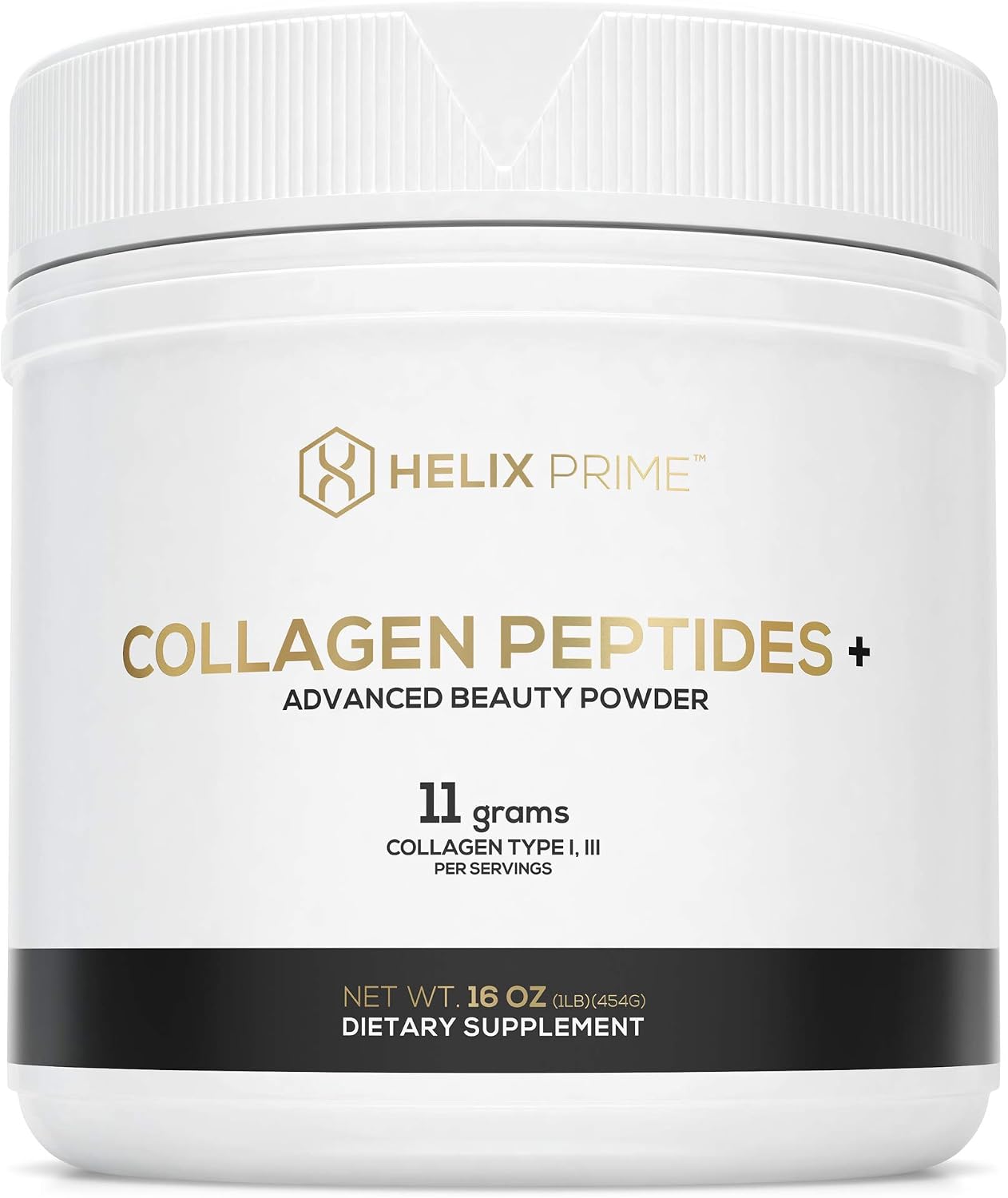 HELIX PRIME Collagen Peptides Powder Unflavored 1LB Jar 16OZ Grass Fed Pasture Raised Bovine Collagen for Beauty Skin Nails Hair with 18 Amino Acids Made in USA
