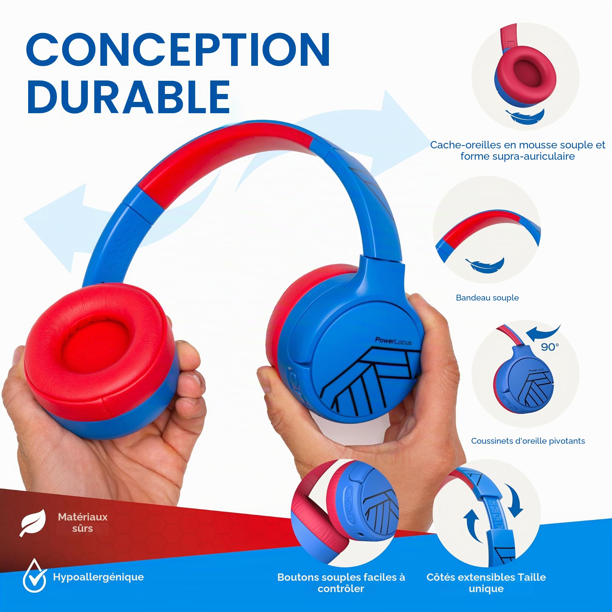PowerLocus Casque Bluetooth pour enfants - Réduction active du bruit - 74/85/94 dB - Volume sûr - Pliable - Avec sac en tissu - Autonomie de 60 h avec microphone et auxiliaire - Pour téléphone
