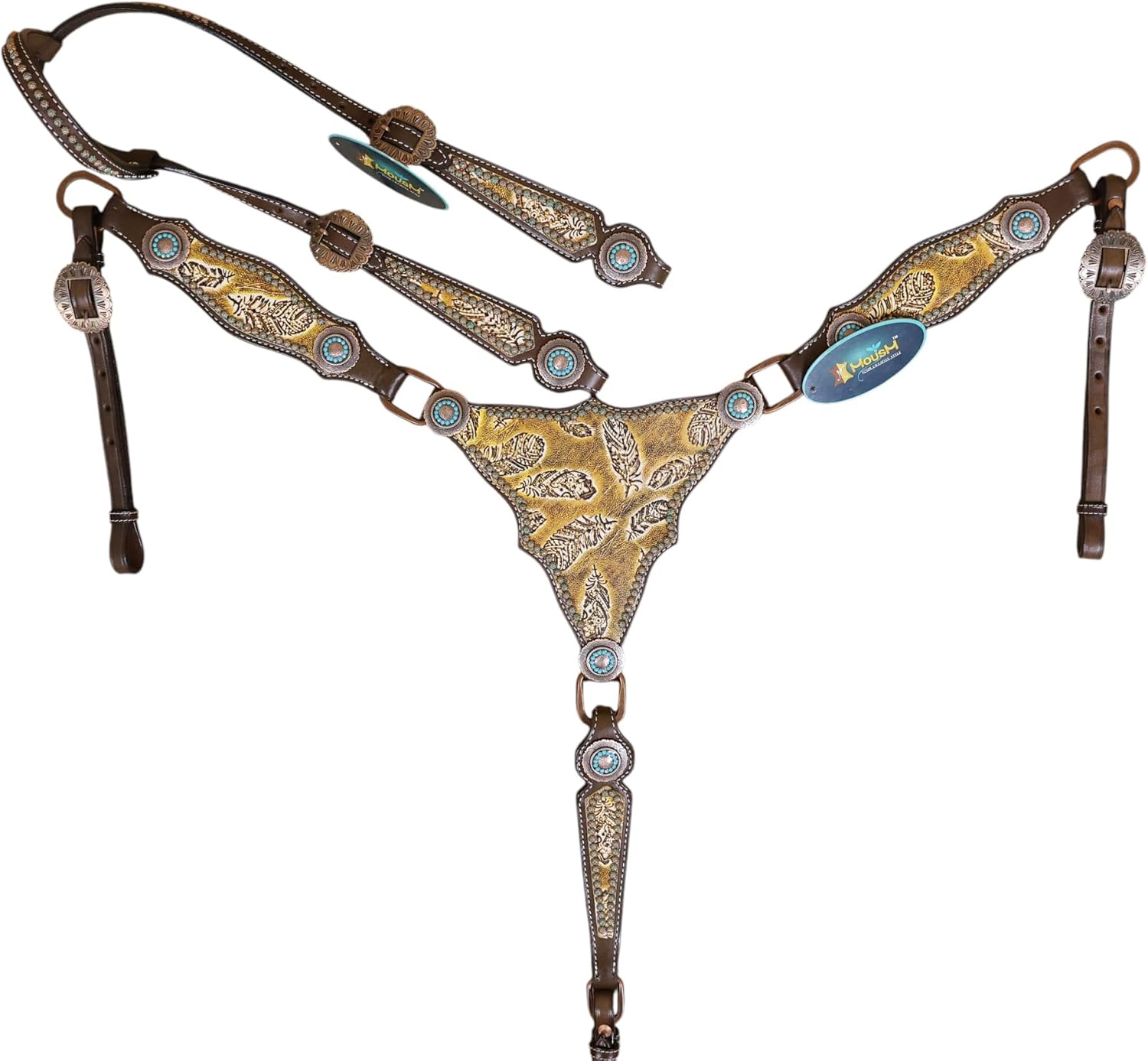 Gladiator-Style Western Leather Headstall and Breast Collar Tack Set with Feather Accents, Turquoise Sunburst Studs, Conchos, and Premium Argentina Cow Leather