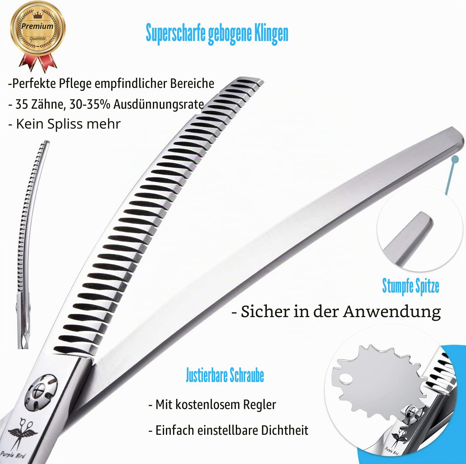 PURPLEBIRD Fellschere 7 Inch Hundeschere Gebogen, Fellschere Katze, Effilierschere Hund zur Fellpflege für alle Hunde Katze, Schneiden und Grooming, Japanischer Edelstahl 440C Handarbeit