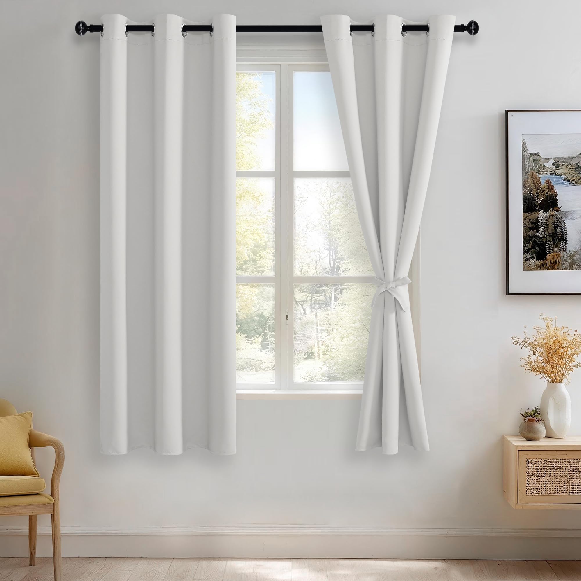 JIUZHEN Greyish White Blackout Curtains for Bedroom - Light Blocking and Noise Reducing Grommet Curtains for Living Room Darkening Curtains, Set of 2