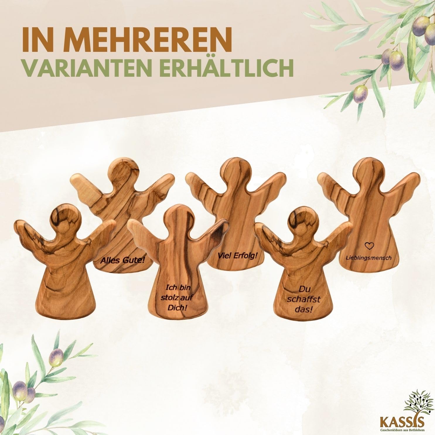 Kassis Geschenkartikel Olivenholz-Schutzengel - Handgefertigte Engel-Figur aus Bethlehem - Schutzengel-Glücksbringer - (Du schaffst das) - (1 Stück)