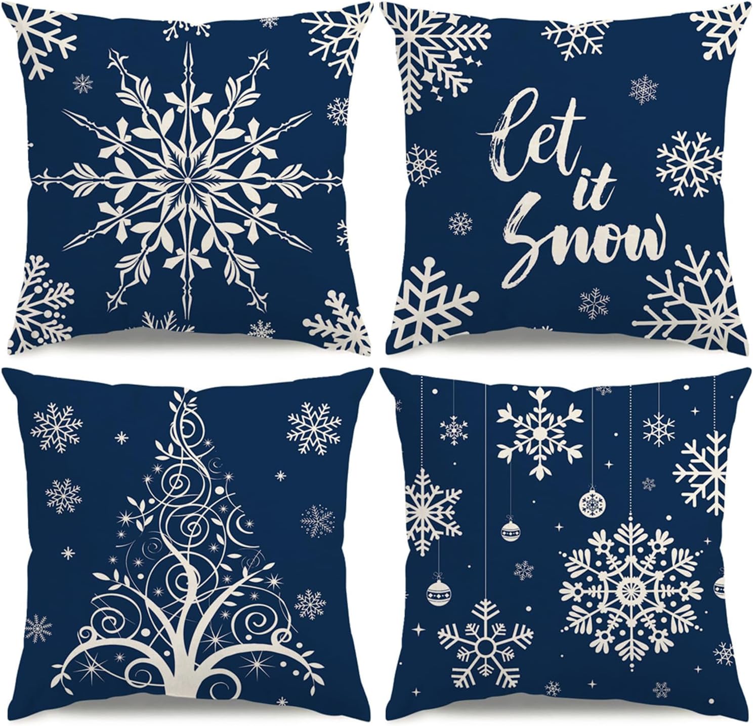Christmas Pillow Covers 18x18 Blue Christmas Decorations Snowflake Throw Pillow Covers Xmas Tree Ornaments Winter Holiday Decor Cushion Case for Sofa Couch Set of 4