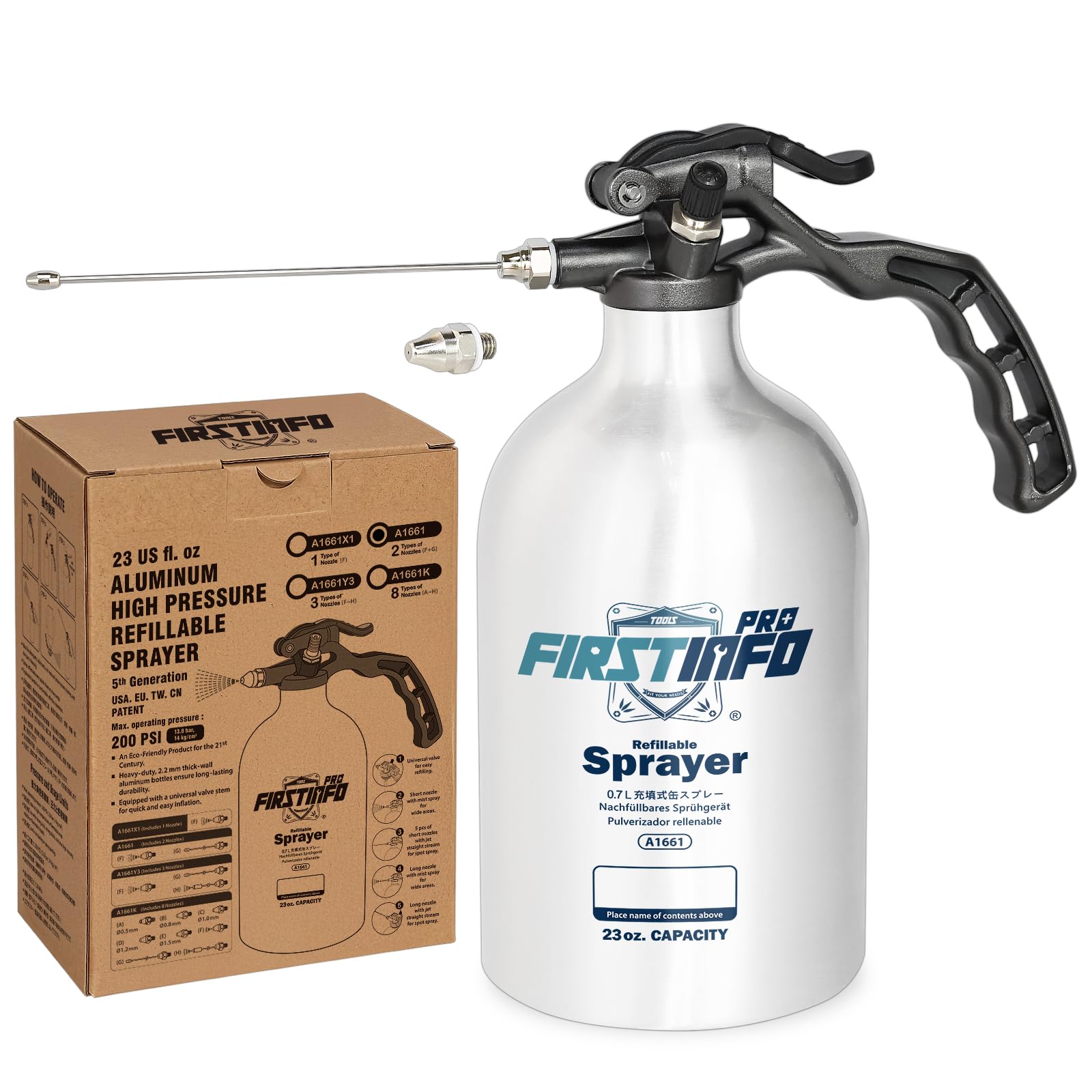 FIRSTINFO Vaporisateur Rechargeable pour Nettoyant Freins 700 ML Aluminium Non Aérosol pour Solvants et Dégraissants, sous Pression avec Buse Brumisateur et Jet Long, A1661