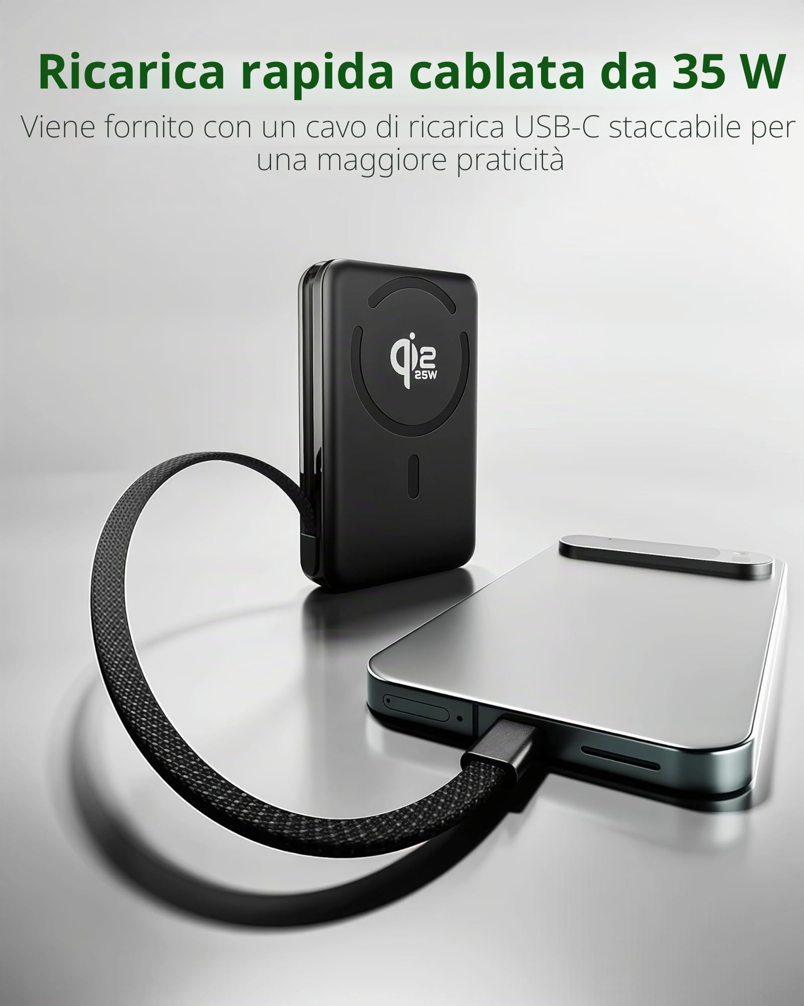KU XIU 25W Qi2.2-Certificato Stato-Solido Power Bank per MagSafe, 10,000mAh Powernbank Magnetico Caricatore Wireless Ricarica Rapida per iPhone 17/16/15/14/13/12 Serie con Cavo Integrato e Supporto