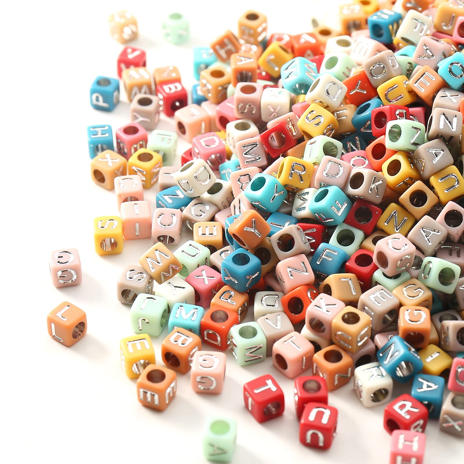 1000pcs Cube Letter Beads Silver on Colored Square Alphabet Beads Acrylic Silver Letters A-Z,6 x 6 mm Craft Beads for DIY Jewelry Arts Crafts Necklace Bangle