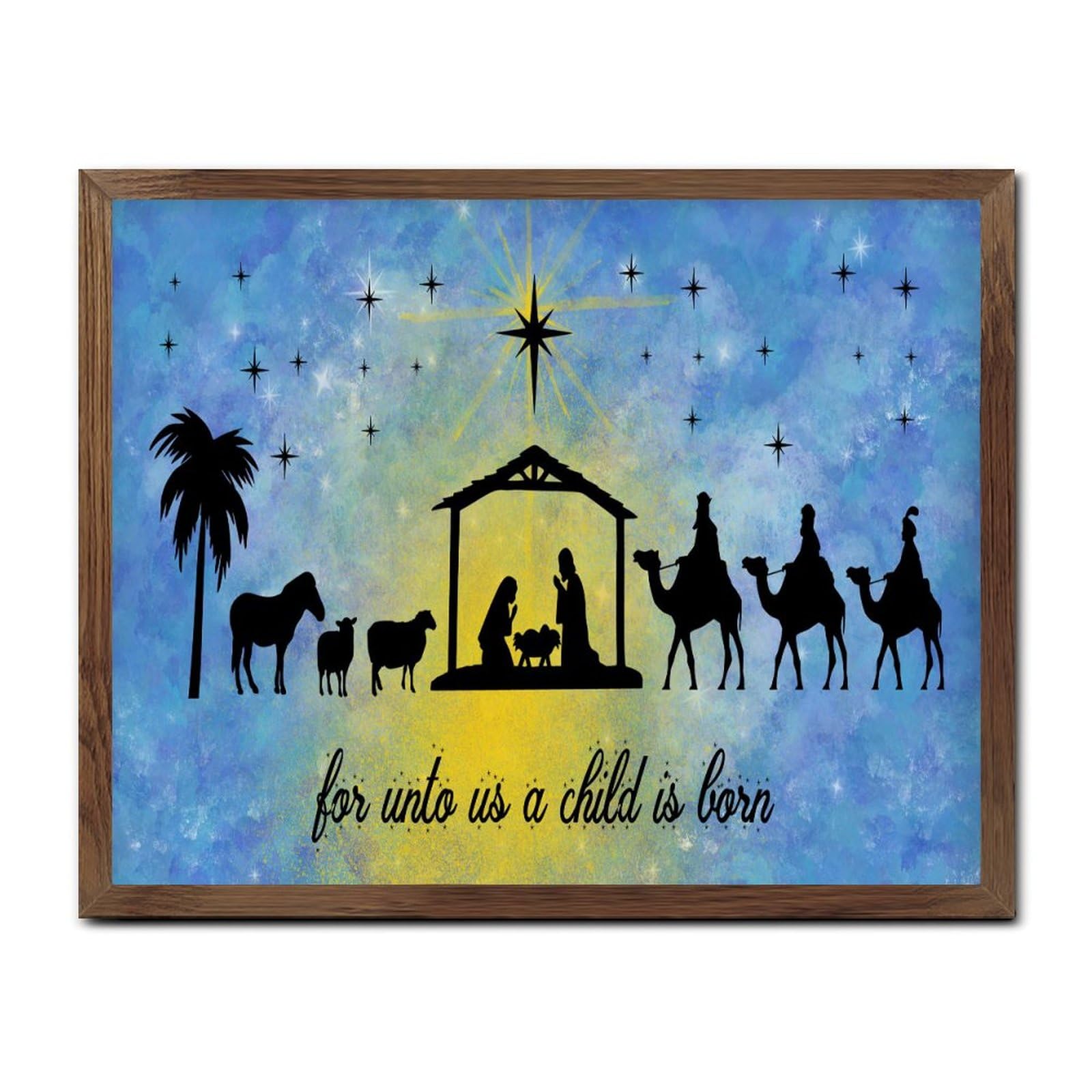 Panneau mural rustique encadré crèche de Noël en bois suspension murale 40x50 cm