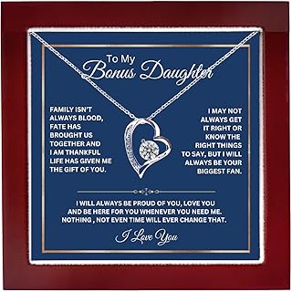 To My Bonus Daughter Necklace Gifts from Stepdad Stepmom, Stepdaughter Necklace With Heartfelt Message & Elegant Box - Jewelry Gifts