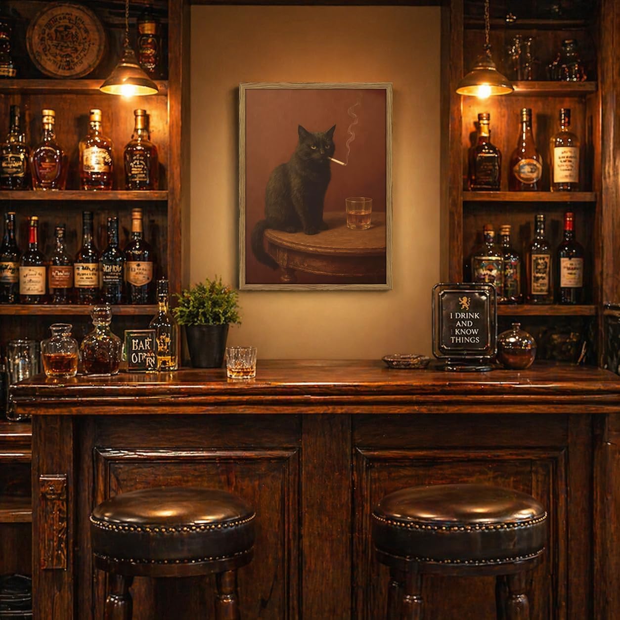 Framed Funny Black Cat Wall Art, Vintage Moody Cat Pictures Wall Decor, Humor Cool Animal Paintings Canvas Prints for Living Room Bedroom Bathroom Bar-12x16 inch image 2