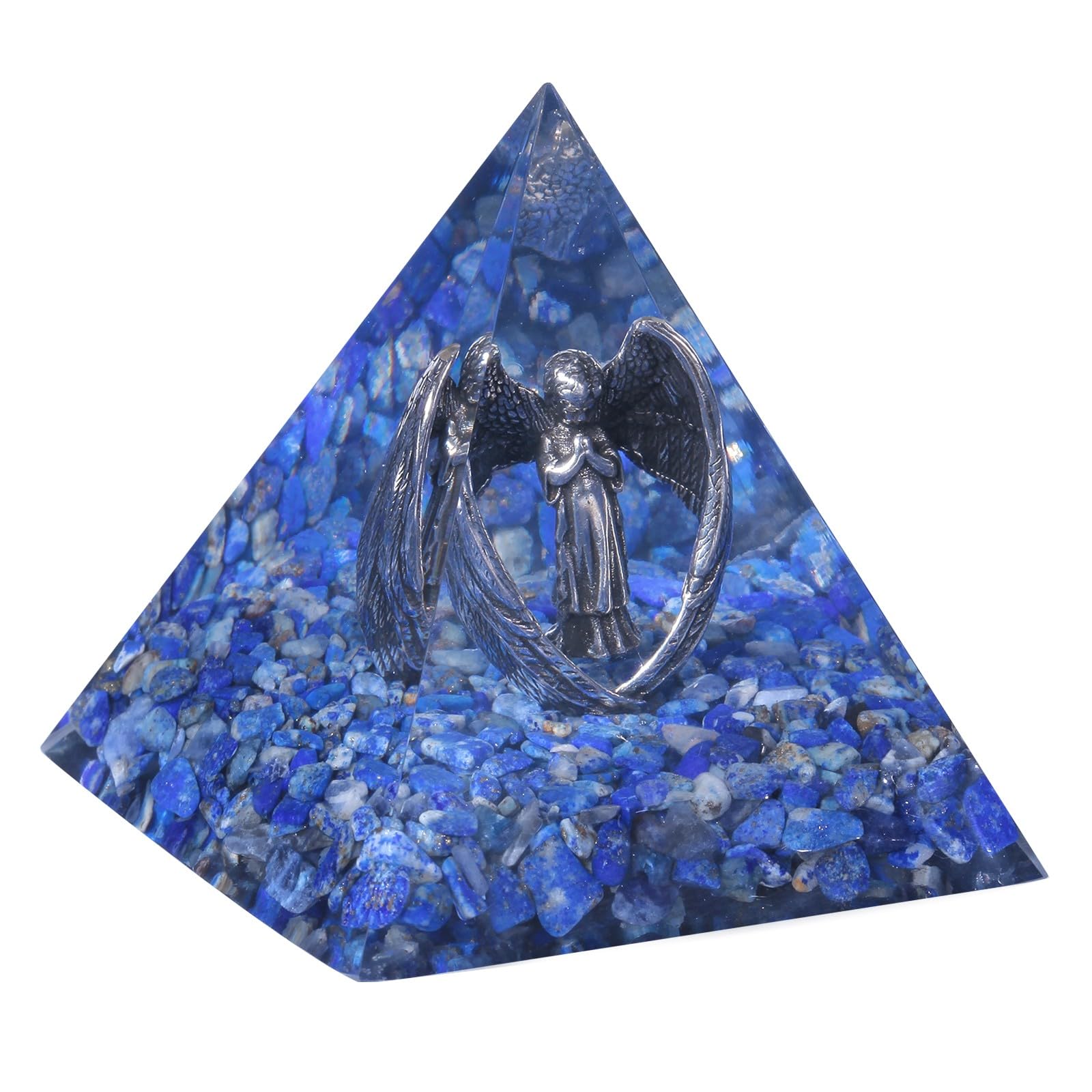KYEYGWO Lapislazuli Kristall Pyramide Stein mit Geschnitzte Kupfer Engel Figur, Heilstein Schutzengel Pyramiden Positive Energie Pyramide Glück Friedensengel Statue Ornament für Haus Decor