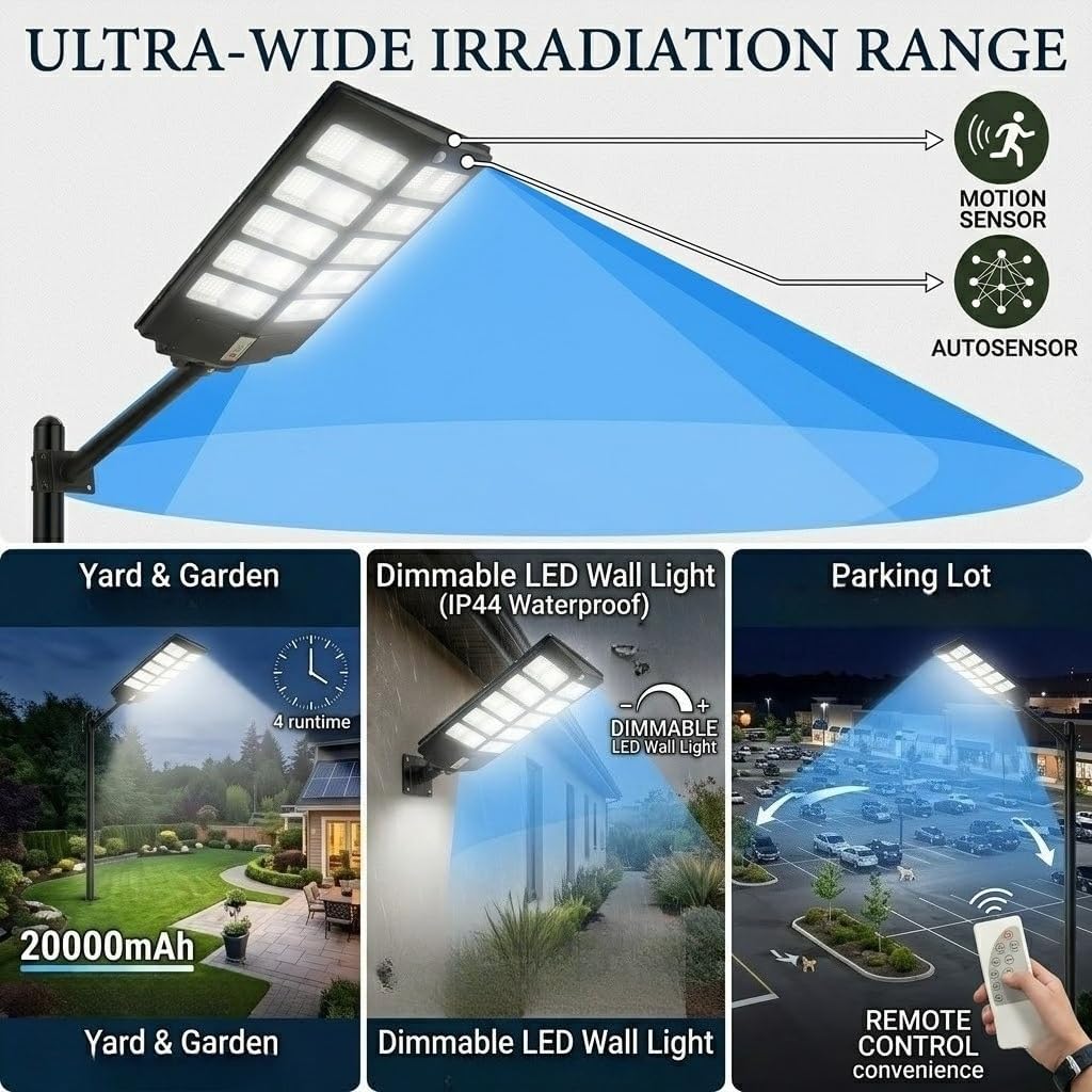 Solar Street Light Outdoor, 800 LED High Lumen Ultra Bright Solar Powered Light, Dusk to Dawn, Motion Sensor with Remote Control, Dimmable Weather Resistant Commercial Lighting for Yard, Garden, Farm