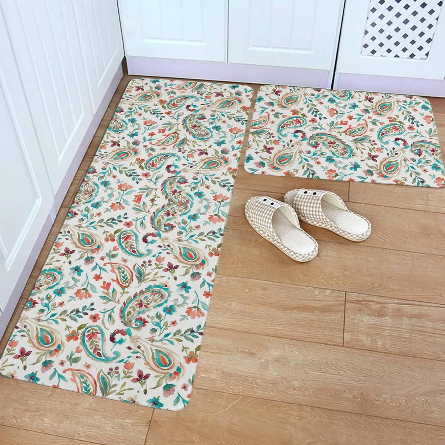 Boho Flower Kitchen Rugs and Mats Set of 2, Non-Slip Kitchen Sink Mat, Spring Watercolor Paisley Floral Leaf Plant Washable Doormat Bathroom Rugs Runner for Bedroom/Living Room 23.6"x35.4"+23.6"x70.9"