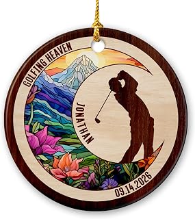 Golf Memorial Ornament Gift for Dad Boyfriend, Personalized Golfing in Heaven Ceramic Christmas Ornament, Custom Golfer Memorial Ornament with Name & Date, Golf Lover Stained Glass Style Ornaments