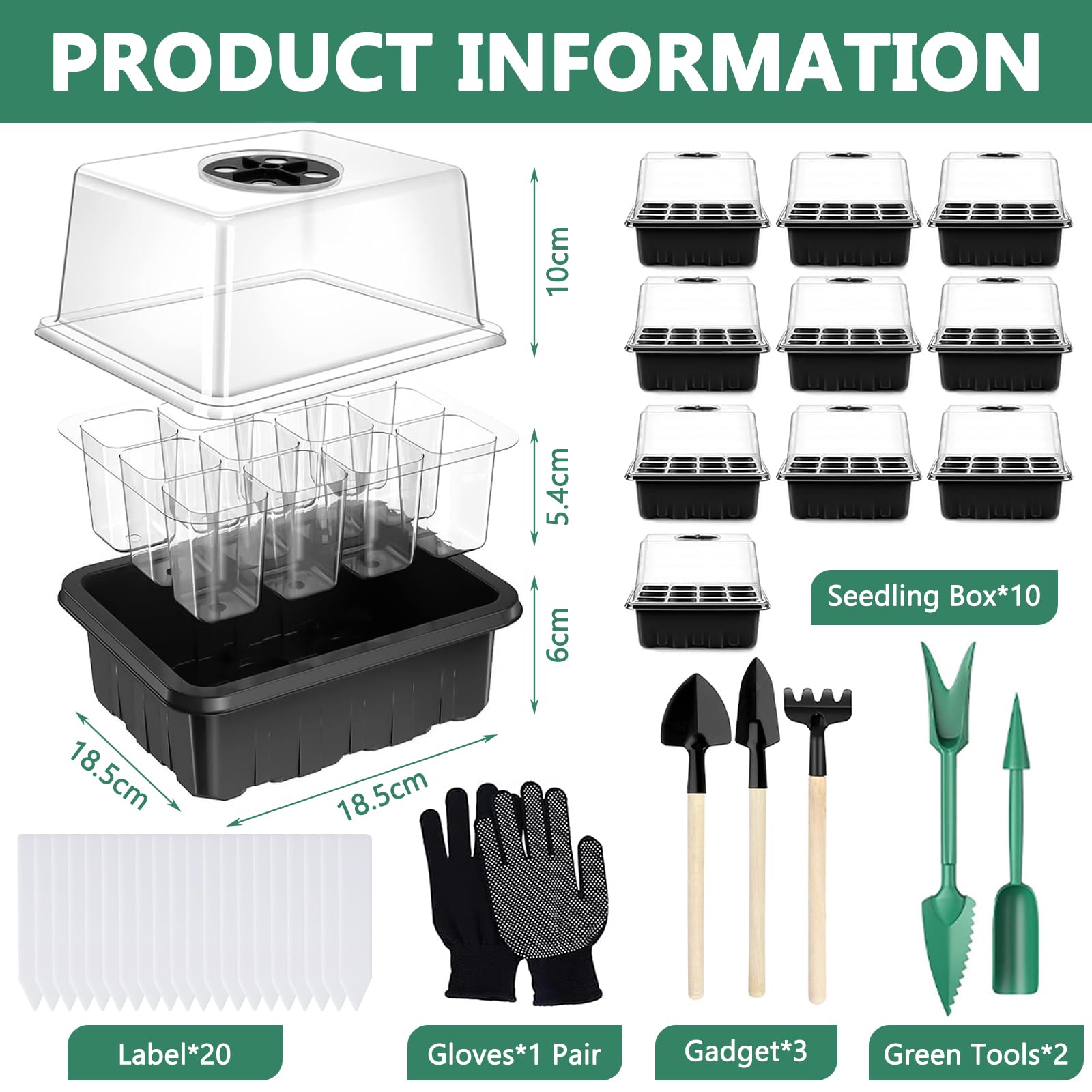 Vassoi per Semi,10 Pack 120 Cells Propagator con Coperchi Rialzati,Vassoi Seminacon finestra regolabile,20 Etichette,3 Pale,2 Strumenti,Guanti,Strumento di Coltivazione in Mini Serra