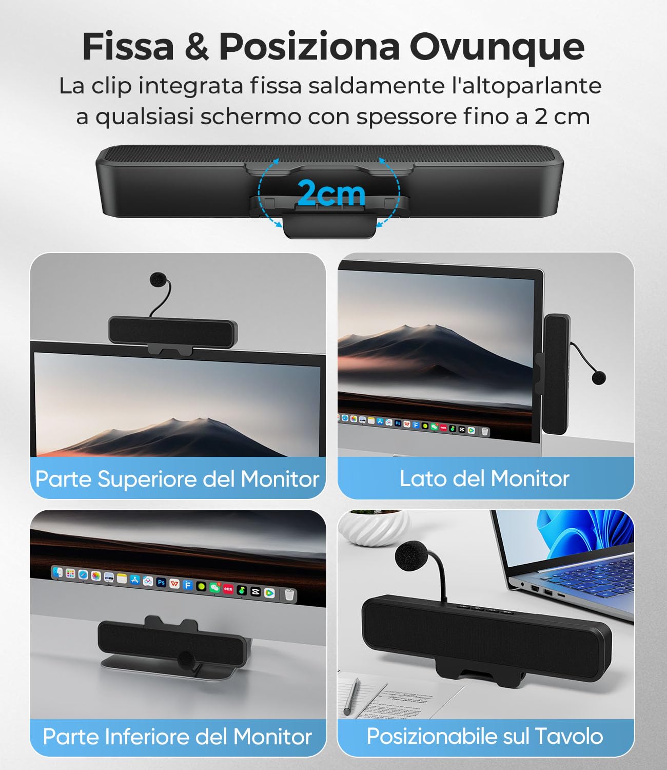 Plyee Audio USB Altoparlanti per Computer con Microfono Staccabile, Altoparlante da Scrivania Plug and Play con Clip per Monitor, Suono Stereo & Bassi, Ideali per PC, PS5, Switch 2 e Laptop