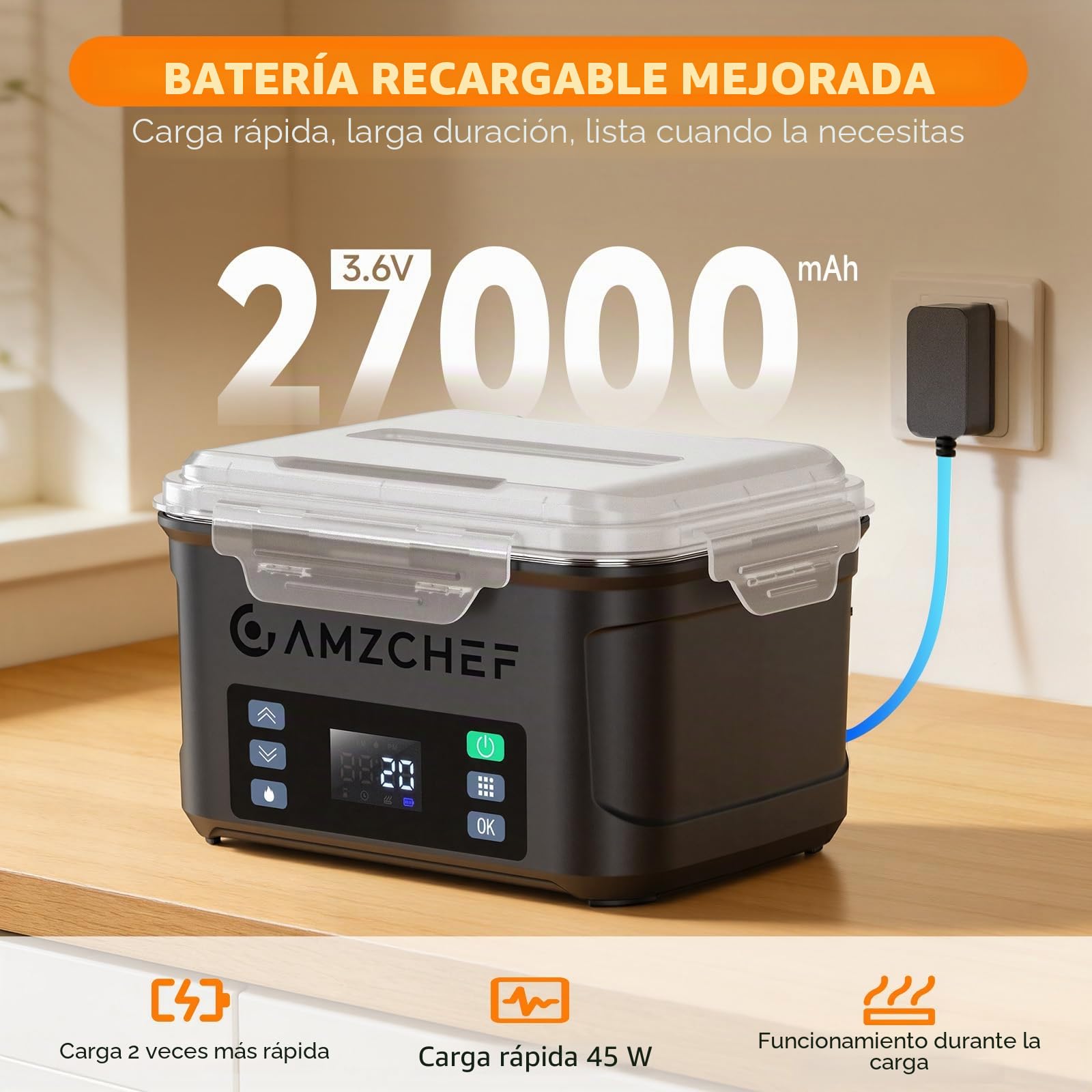 AMZCHEF Fiambrera Electrica de 1,5 L - taper electrico para comida de 27 000 mAh, calentamiento en 5 caras, función de calentamiento instantáneo, con reloj y memoria, recarga rápida (negro)