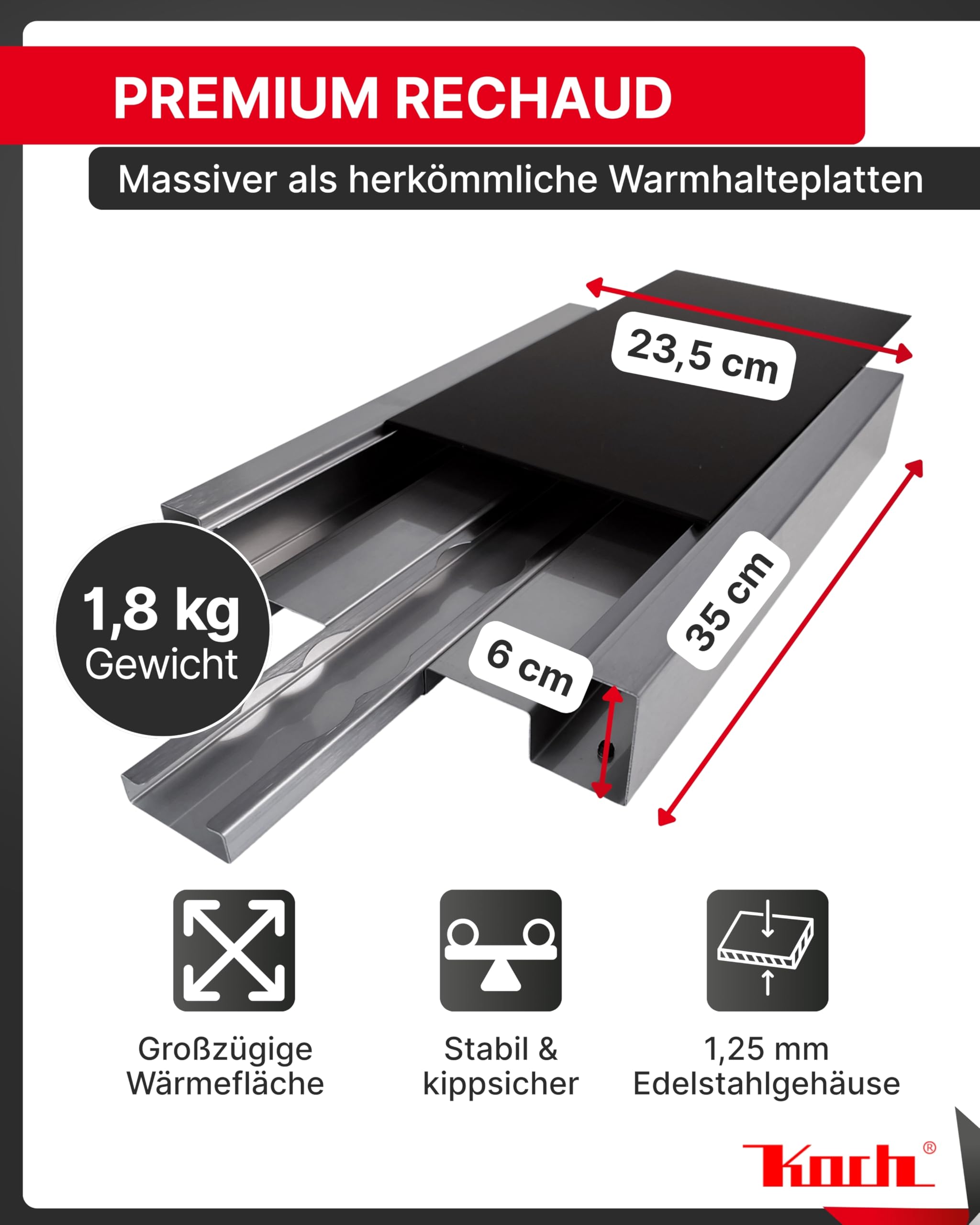 KOCH #00 Edelstahl Rechaud mit Auszug und 3 Teelichtern - Hochwertige Warmhalteplatte/Speisenwärmer/Tellerwärmer/Stövchen