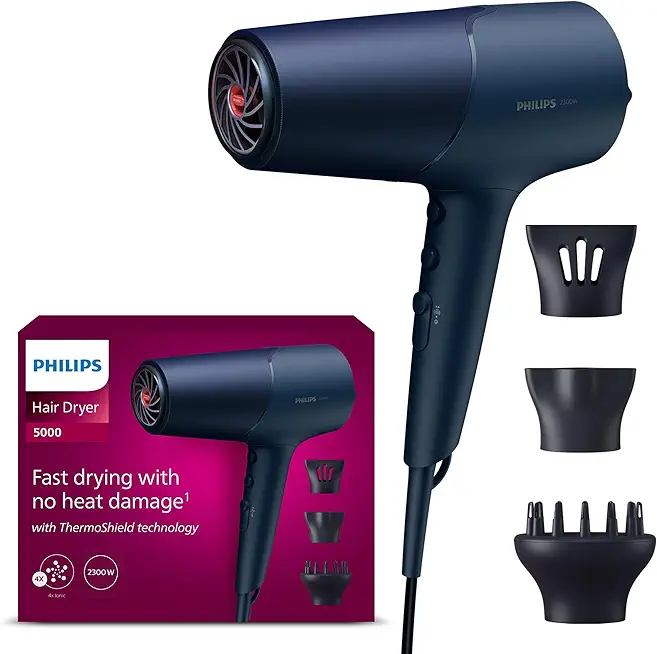 Philips Haartrockner 5000 Series, ThermoShield Technologie, Ionisierungsfunktion, 2.300 W, Metallic-Blau, mit 9-mm- und 11-mm-Stylingdüse, Volumendiffusor, BHD510/20