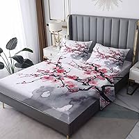 Vista 16 de Japanese Cherry Blossom Sheets California King Sheet Sets - Bed Sheets for Kids Boys Girls, Ink Painting Sheet Set with Deep Pocket Fitted Sheet