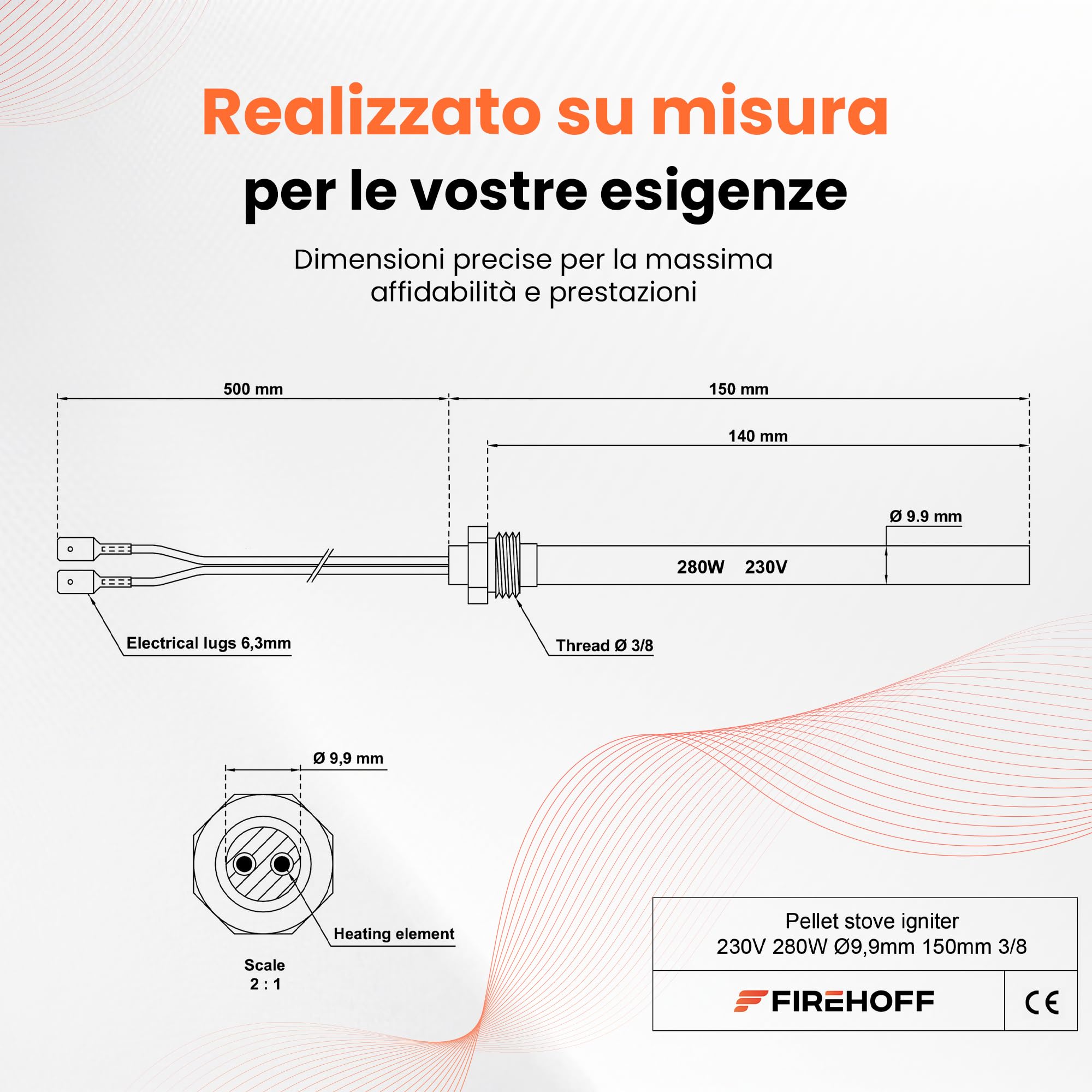 Accensione Stufa A Pellet 230V 300W | Lunghezza 150 Mm | Compatibile Con Modelli P6, P9, P12 | Acciaio Inossidabile