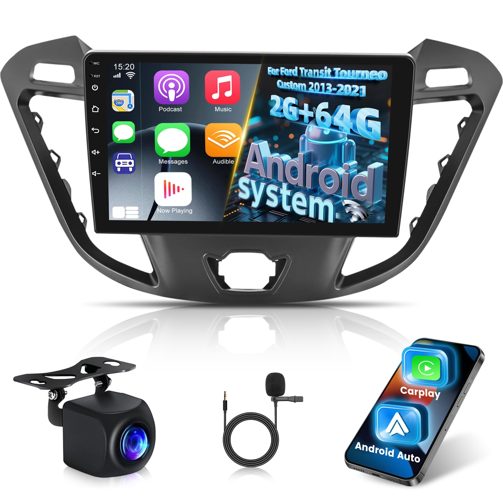 Android Autoradio pour Ford Transit Tourneo Custom 2013-2021, 9 Pouces Écran Tactile Stéréo Supportant sans Fil Carplay & Android Auto/GPS/WiFi/EQ Audio/Bluetooth/FM RDS Radio/SWC