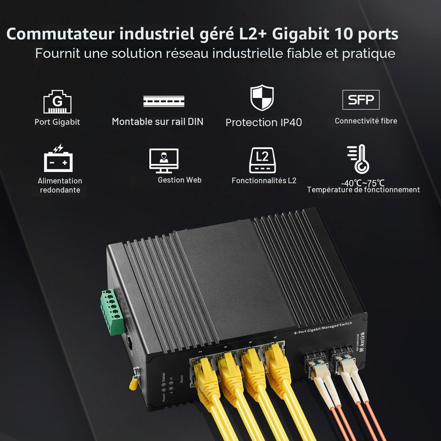 MokerLink 8 Port Gigabit Industrial DIN-Rail Ethernet Switch Managed, 2 SFP Ports, 20Gbps Switching Capacity, Web L2+ Managed IP40 Network Switch, avec Adaptateur Secteur