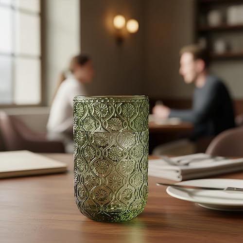 Miniatura 8 de Juego de 8 vasos vintage en relieve, 4 vasos altos de 14 onzas y 4 vasos de 9 onzas, Art Deco, para vino, agua, cóctel, jugo, whisky, regalo (verde)