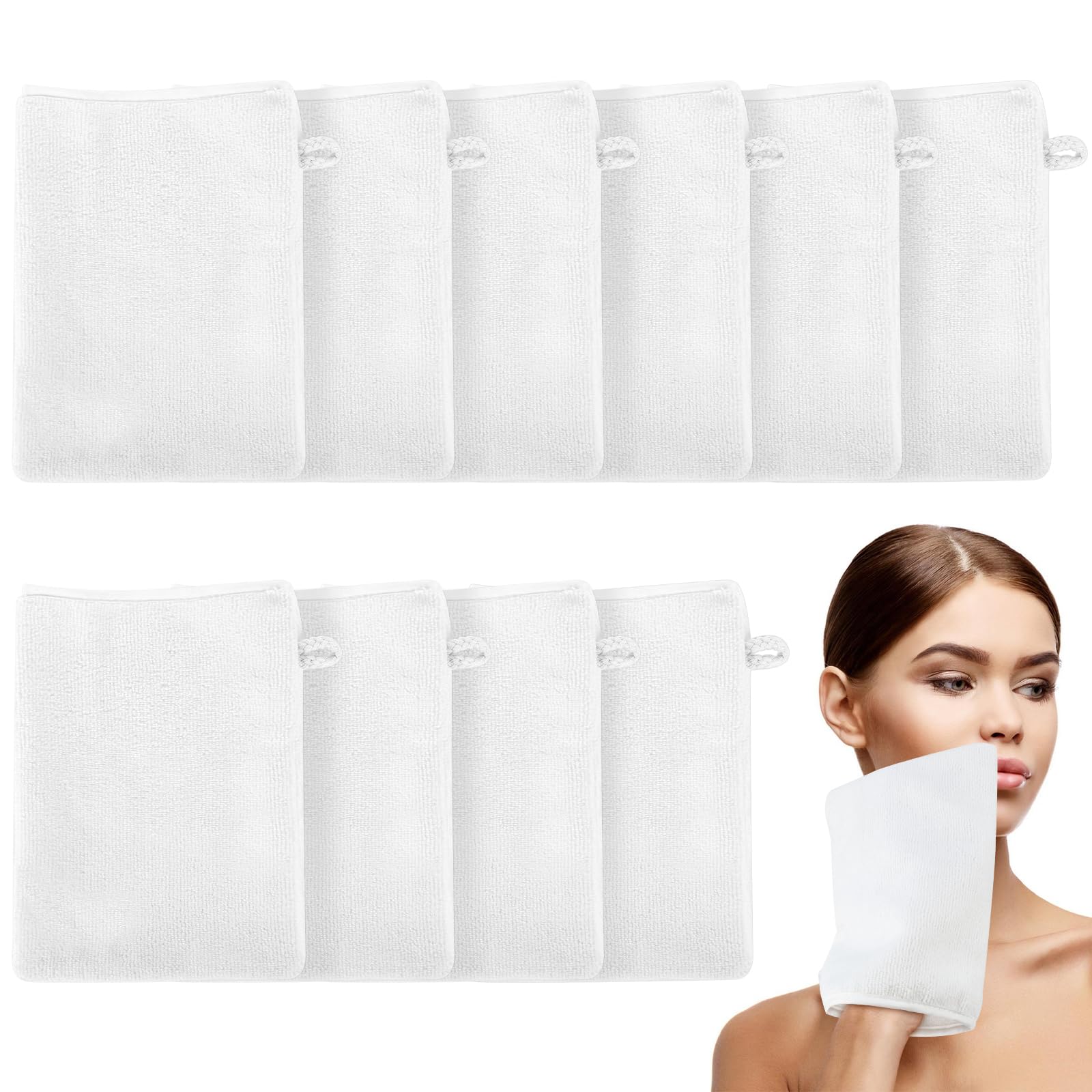 Qichan 10 Pcs Facial Mitts, 15 x 21cm Soft Bamboo Fiber Wash Mitts Body and Face, Reusable Makeup Remover Gloves