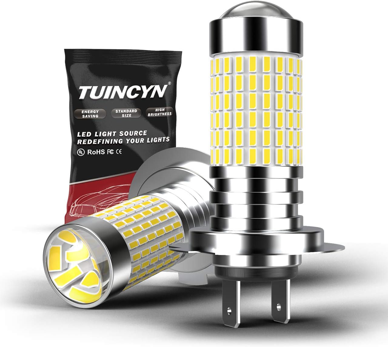 TUINCYN H7 1500 Lumens 3014 144 SMD LED Bulbs Super Bright Xenon White Automotive Exterior Fog Lights Daytime Running Lights with Lens(Pack of 2)