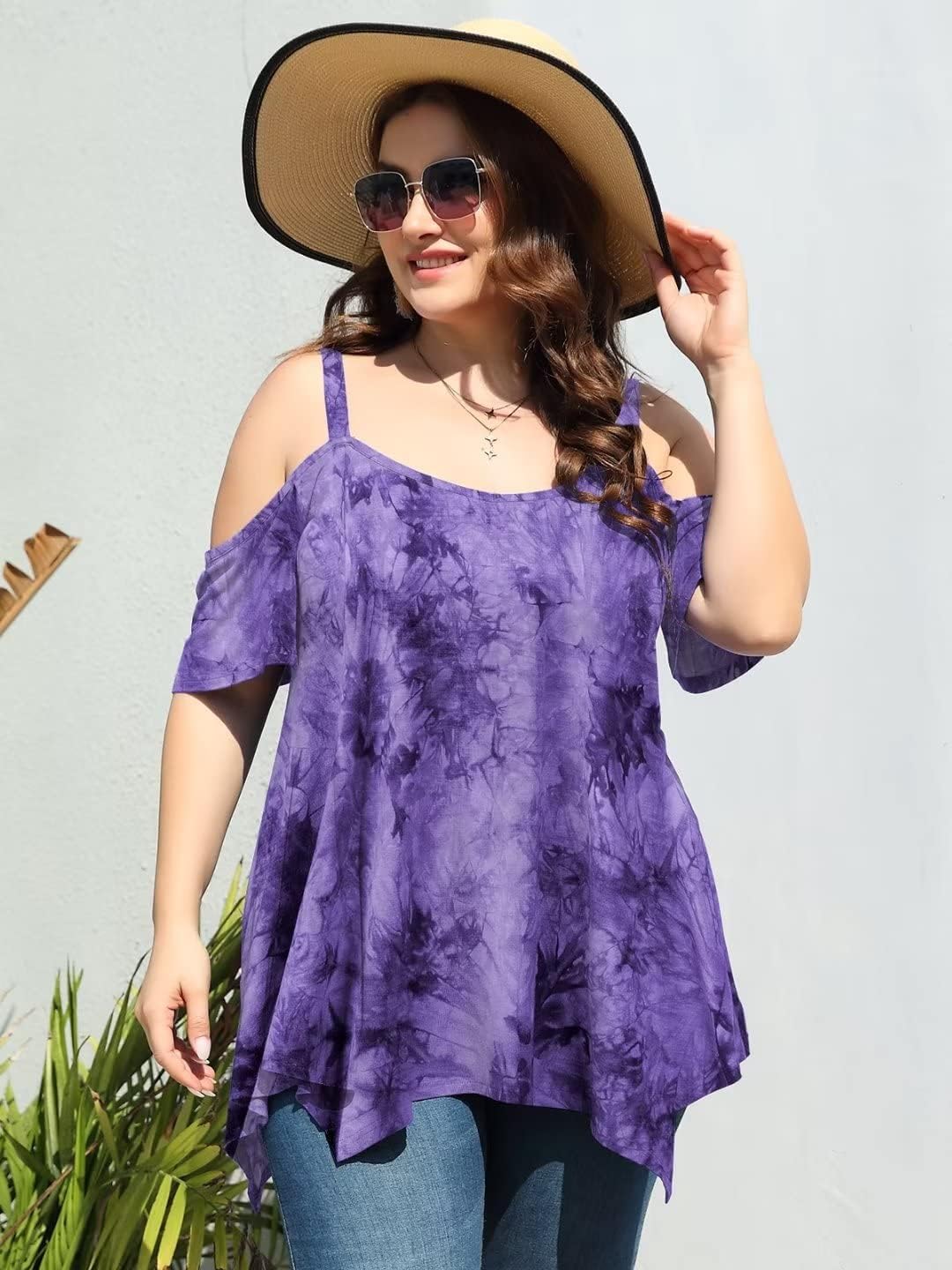 LARACE Cold Shoulder Tops for Womens Summer Clothes Spaghetti Strape Tunic Oversized Shirts Asymmetrical Plus Size Blouse - Image 2