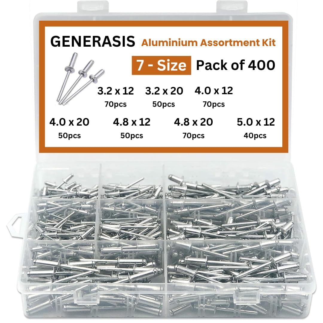 GENERASIS - Aluminium Blind Rivet Set, Metal POP Rivets for Riveting Gun/Riveter Machine, Assorted (7 Size Blind Rivet Pack of 400, 7 Sizes)