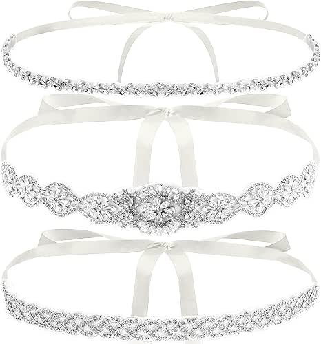 Hiceeden 3 Pieces Rhinestone Bridal Belt, Silver Crystal Bridal Sash