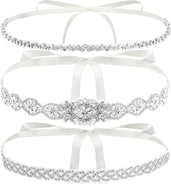 Hiceeden 3 Pieces Rhinestone Bridal Belt, Silver Crystal Bridal Sash with White Ribbon Wedding Dresses Belt for Women, Bride, Bridesmaids, Gown, Party, Prom