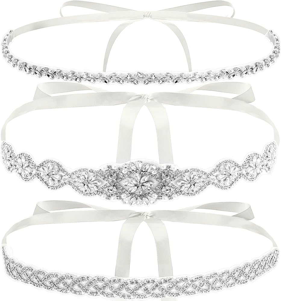 Hiceeden 3 Pieces Rhinestone Bridal Belt, Silver Crystal 