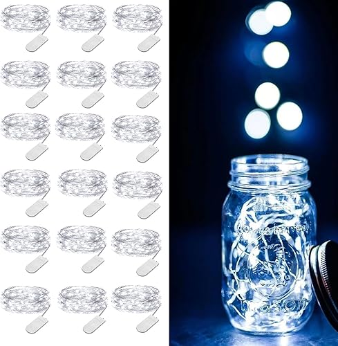 Larga duración paquete de 12 mini luces de hadas que funcionan con pilas, 20 luces LED de 3.3 pies, alambre plateado blanco cálido para bodas,