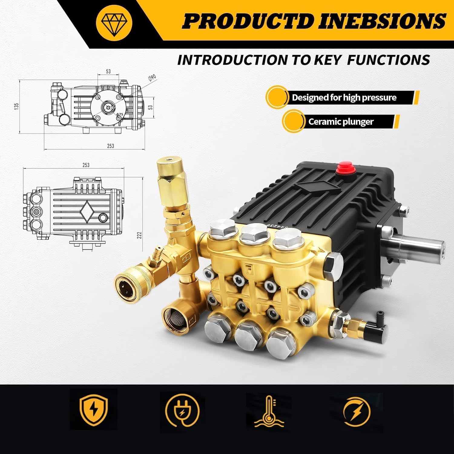 3600 PSI Pressure Washer Pump 5 GPM Plunger Washer Pump Compatible with 24 MM Shaft High Pressure Washer