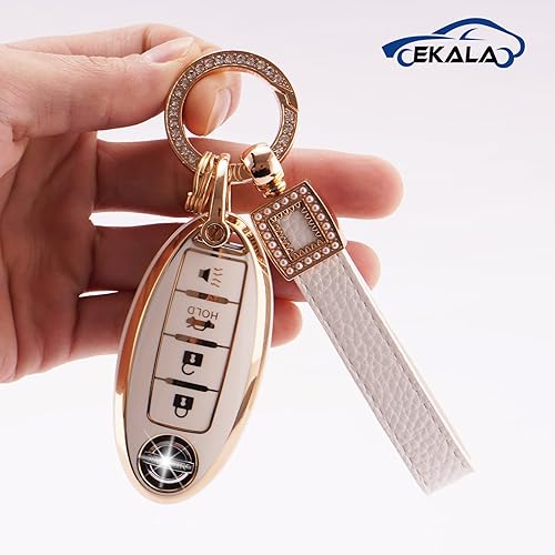 Miniatura 5 de EKALA Funda para llavero de Nissan de TPU suave, color blanco, con cordón de cuero para Nissan Altima Armada Maxima Sentra Rogue Pathfinder de 4