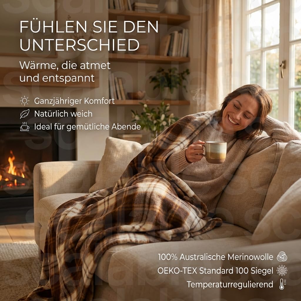 Wool & Home Merino Wolldecke 220x200 cm – Kuscheldecke aus 100% Merinowolle, Cremefarbene Decke mit Brauner Griechischer Mäander-Bordüre – Gewicht 500 g/m² – Atmungsaktiv und Langlebig