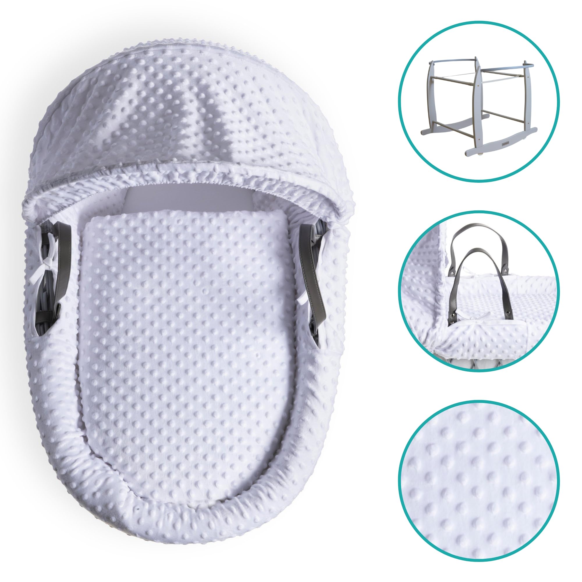 Clair de Lune Dimple - Culla in vimini grigio con supporto a dondolo grigio deluxe, 68 x 30 cm, colore: bianco