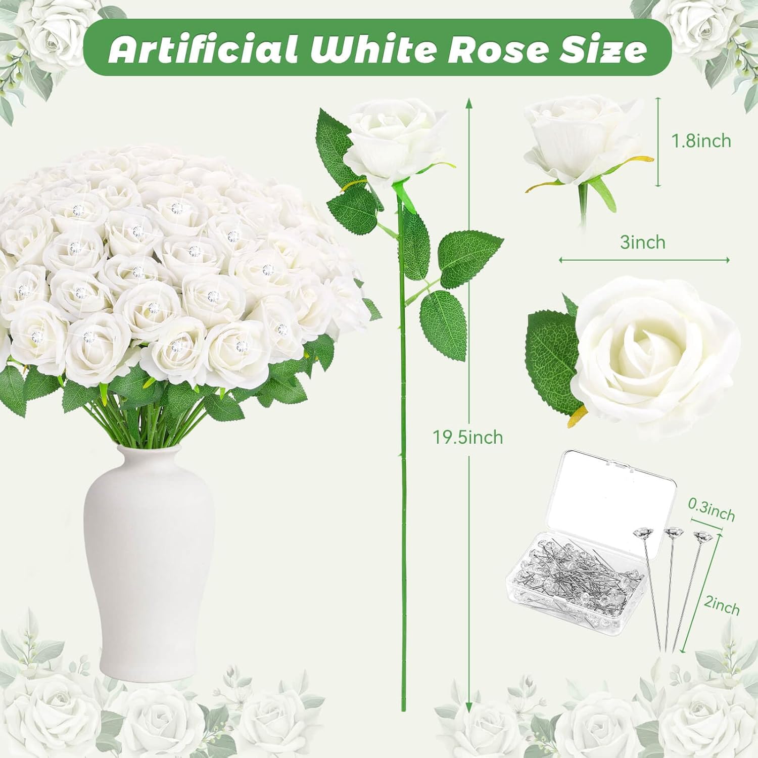Caffox 70PCS White Rose Artificial Flowers with 50PCS Diamond Pins for Bouquets, Fake Silk Roses Flower for Home Decoration Wedding Party Table Centerpieces