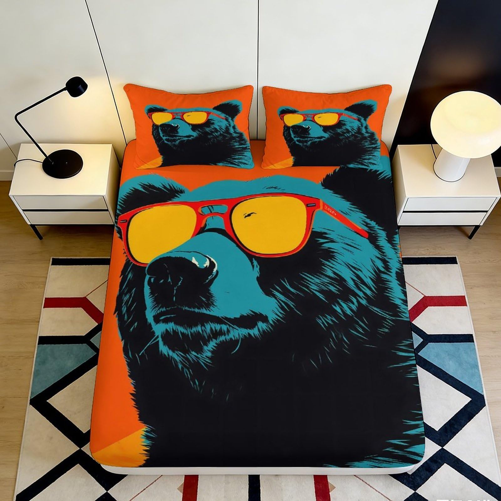3D Printed Cool Bear Fitted Sheet Microfiber Soft Orange Sunglasses Bed Cover for Bedroom Guest Room Decor 90x200x25cm