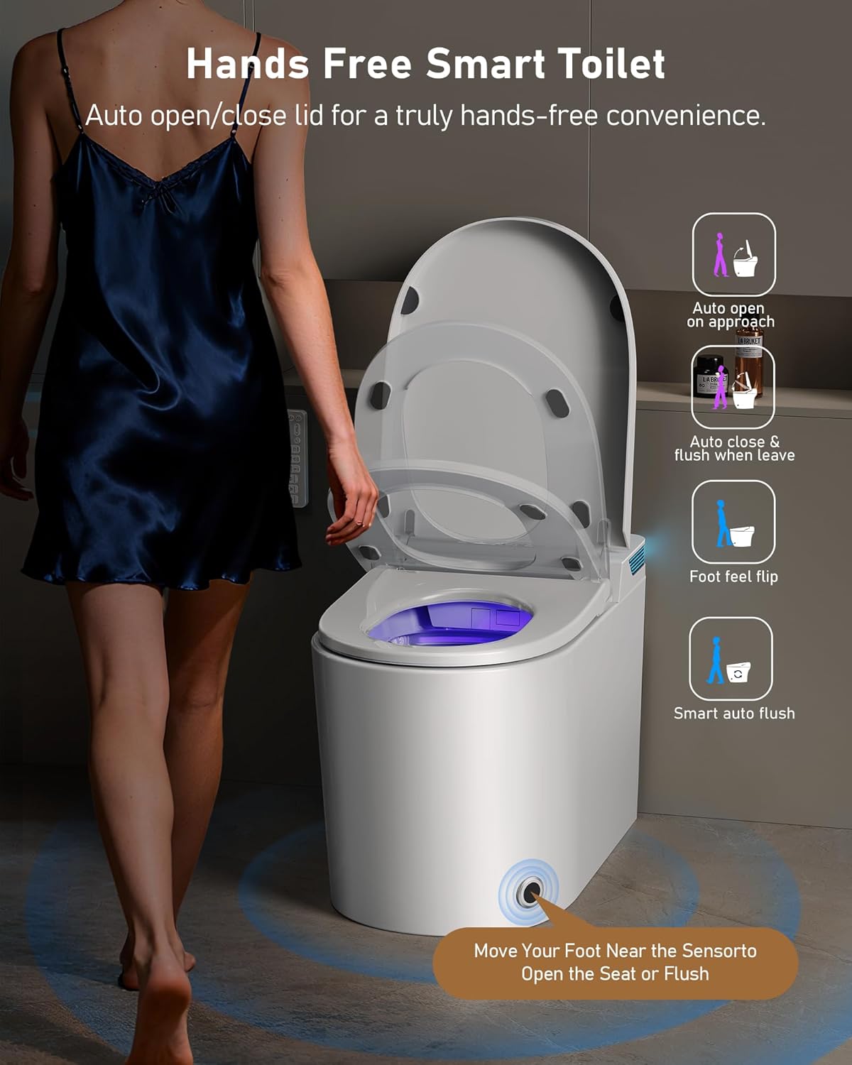 Image showing a person approaching the Glendan OPT07 Smart Toilet, demonstrating the auto-open lid and foot sensor features.