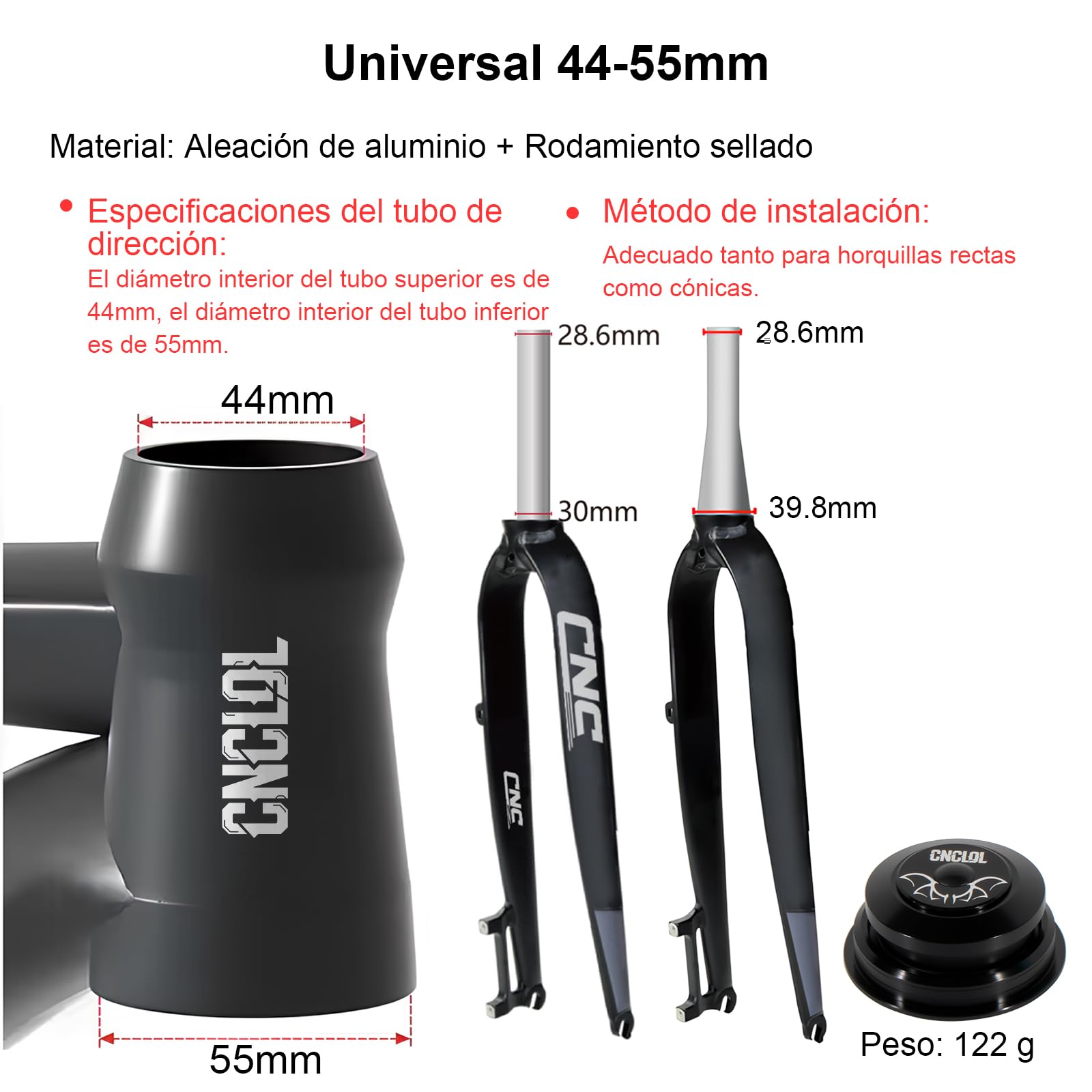Sterzo bicicletta 1 1/8", set sterzo 34 mm/44 mm/41,8-52 mm/44-55 mm/44-56 mm, cuscinetto sterzo MTB/BMX, semiintegrato, con cuscinetti sigillati.