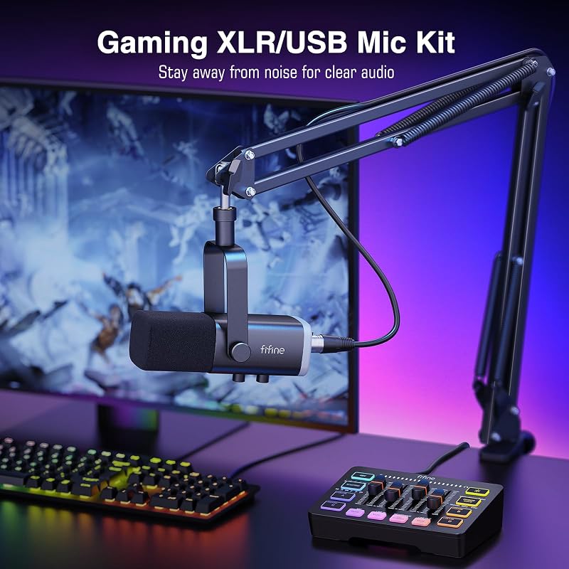 FIFINE Gaming Streaming Bundle with XLR Microphone Kit, PC Mixer, XLR Cable 10ft, Dynamic Mic with Gain Knob, Mute Button, RGB Audio Mixer Set with Individual Control, Volume Fader for Vocal Recording