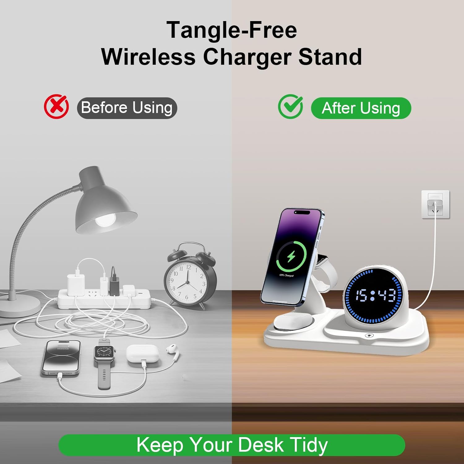 6 in 1 Wireless Charging Station with Bluetooth Speaker Fuction, Charging Stand for Multiple Devices for Apple iPhone 17 16 15 14 13 12 Pro Max Apple Watch Airpods, Digital Clock and Ambient Lights